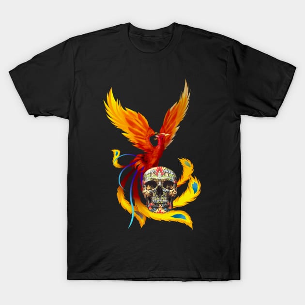 Fire Phoenix And Day Of The Dead Sugar Skull T-Shirt by Atteestude